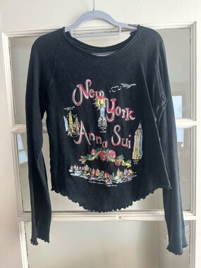 Anna Sui X Free People Black 'New York' Graphic Long-Sleeve Top